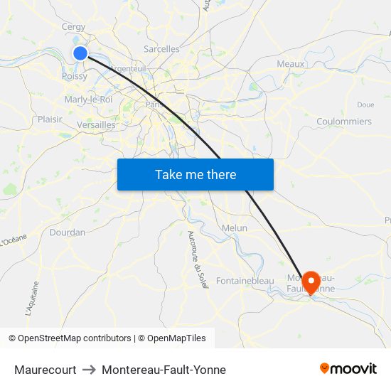 Maurecourt to Montereau-Fault-Yonne map