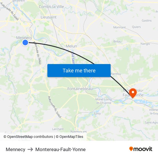 Mennecy to Montereau-Fault-Yonne map