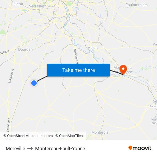 Mereville to Montereau-Fault-Yonne map