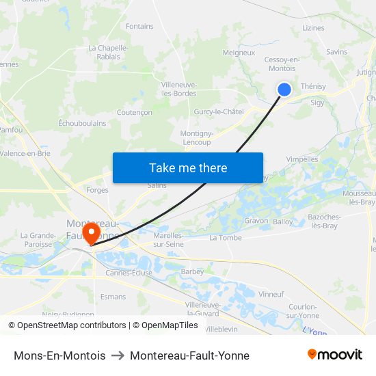 Mons-En-Montois to Montereau-Fault-Yonne map