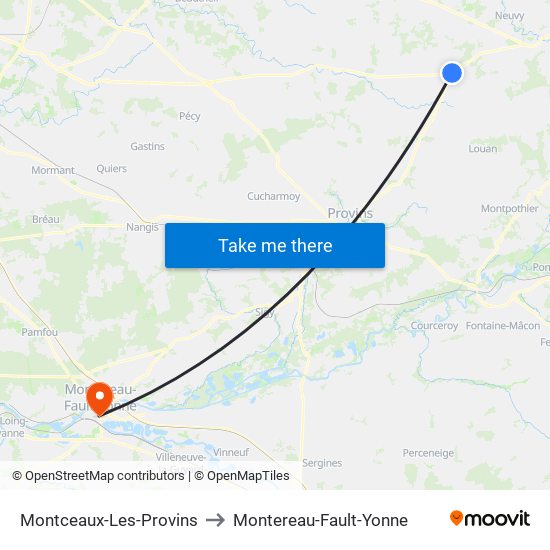 Montceaux-Les-Provins to Montereau-Fault-Yonne map