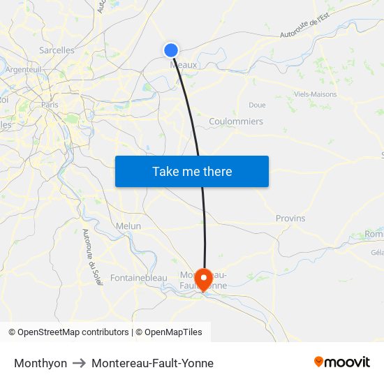 Monthyon to Montereau-Fault-Yonne map