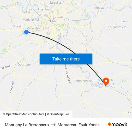 Montigny-Le-Bretonneux to Montereau-Fault-Yonne map