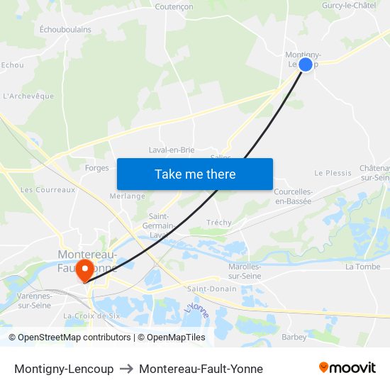 Montigny-Lencoup to Montereau-Fault-Yonne map