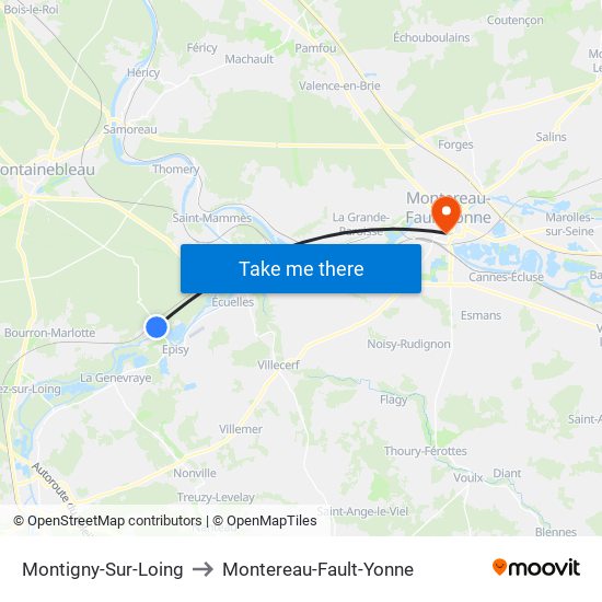 Montigny-Sur-Loing to Montereau-Fault-Yonne map