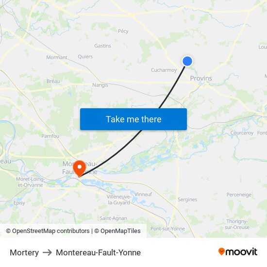 Mortery to Montereau-Fault-Yonne map