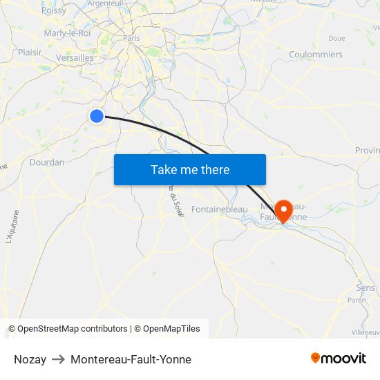 Nozay to Montereau-Fault-Yonne map