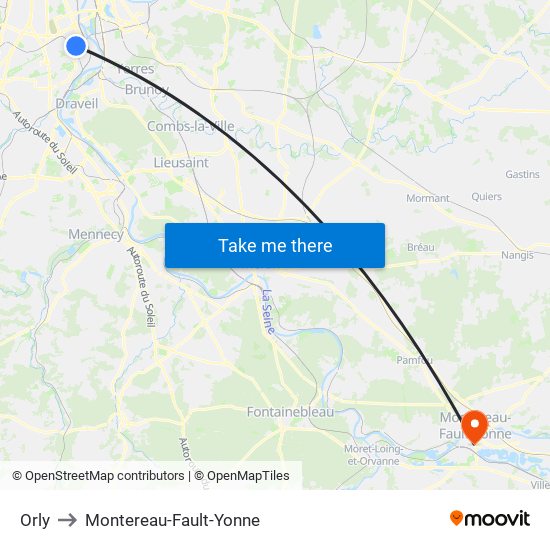 Orly to Montereau-Fault-Yonne map