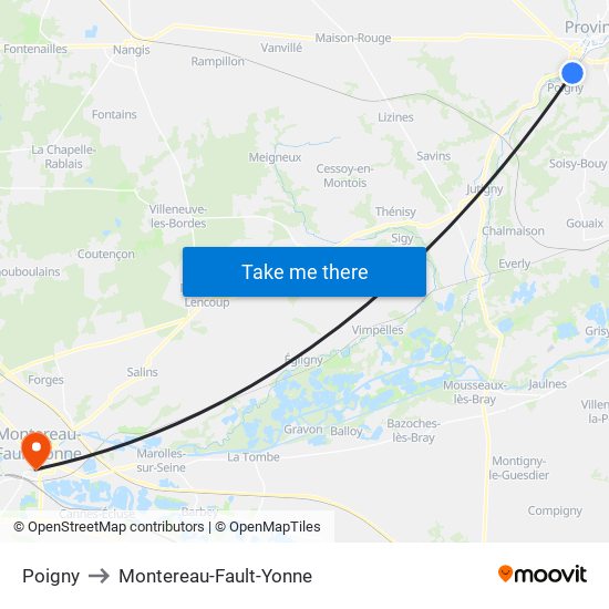 Poigny to Montereau-Fault-Yonne map