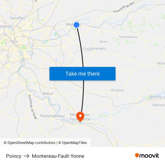 Poincy to Montereau-Fault-Yonne map