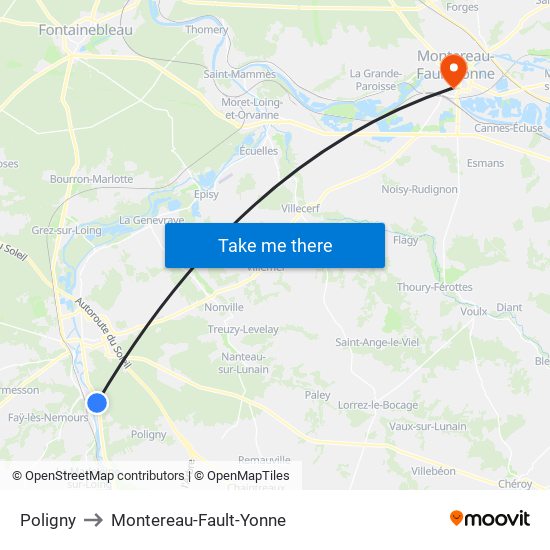 Poligny to Montereau-Fault-Yonne map