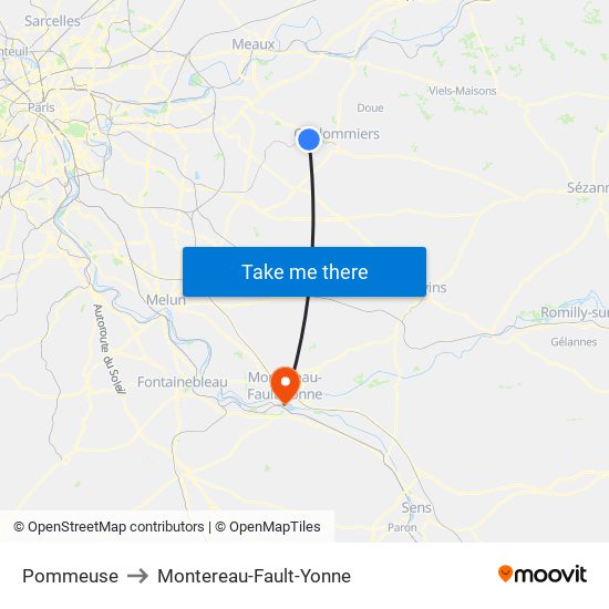 Pommeuse to Montereau-Fault-Yonne map