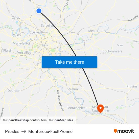 Presles to Montereau-Fault-Yonne map