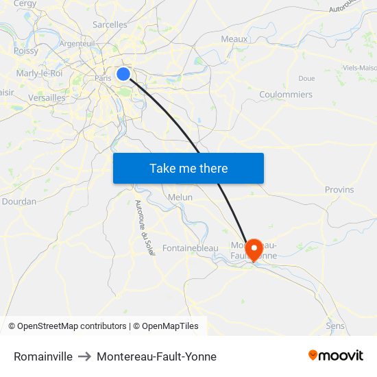 Romainville to Montereau-Fault-Yonne map