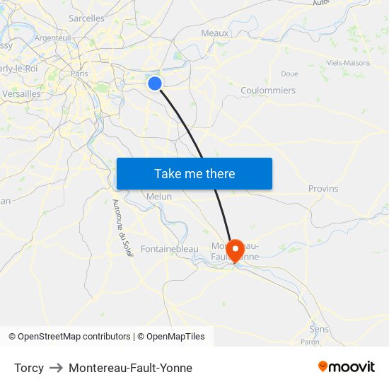 Torcy to Montereau-Fault-Yonne map