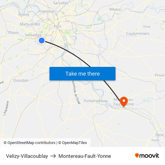 Velizy-Villacoublay to Montereau-Fault-Yonne map