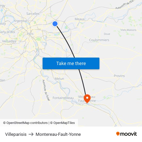 Villeparisis to Montereau-Fault-Yonne map