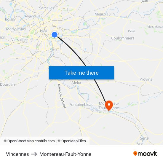 Vincennes to Montereau-Fault-Yonne map