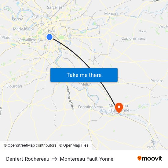 Denfert-Rochereau to Montereau-Fault-Yonne map