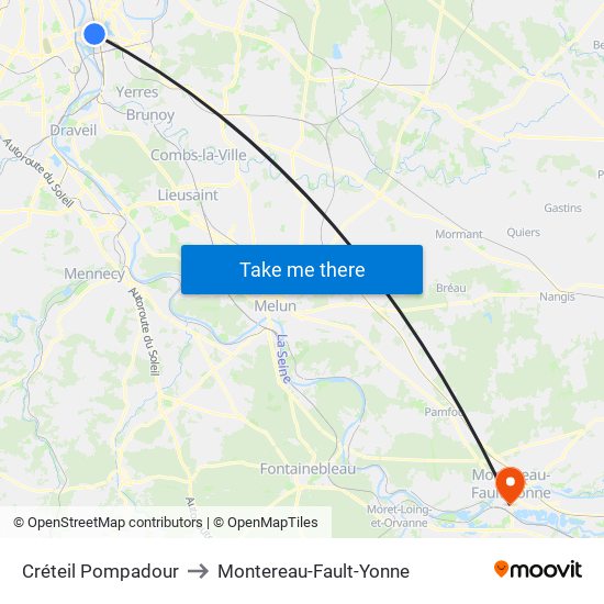 Créteil Pompadour to Montereau-Fault-Yonne map