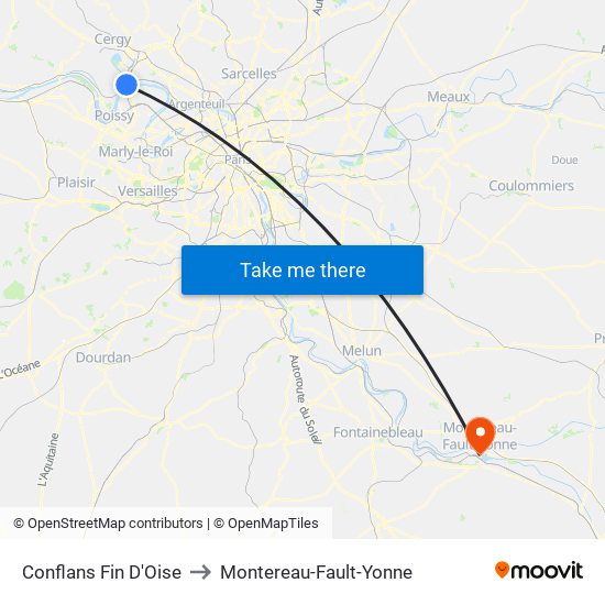 Conflans Fin D'Oise to Montereau-Fault-Yonne map