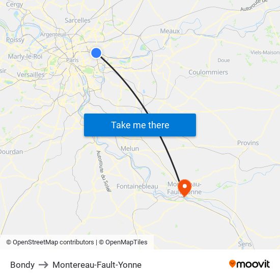 Bondy to Montereau-Fault-Yonne map