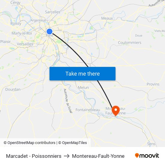 Marcadet - Poissonniers to Montereau-Fault-Yonne map