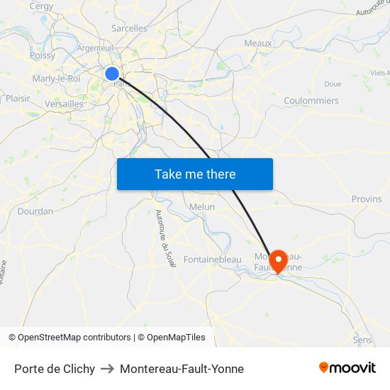 Porte de Clichy to Montereau-Fault-Yonne map