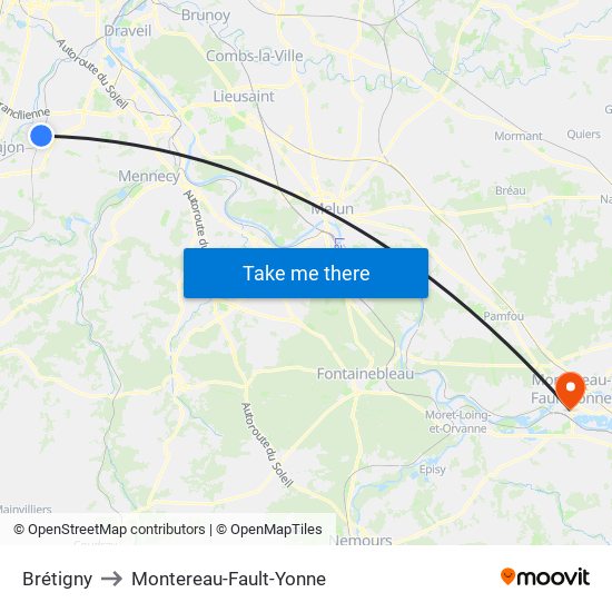 Brétigny to Montereau-Fault-Yonne map