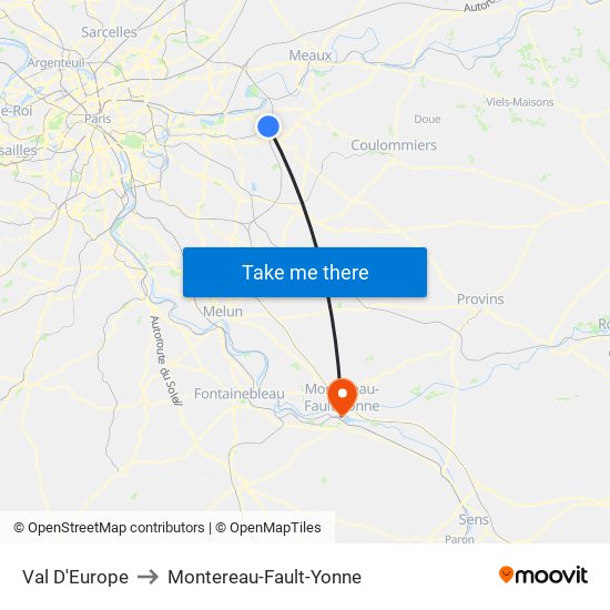 Val D'Europe to Montereau-Fault-Yonne map