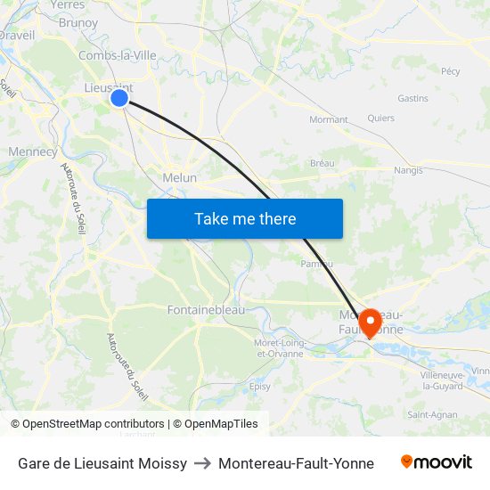 Gare de Lieusaint Moissy to Montereau-Fault-Yonne map