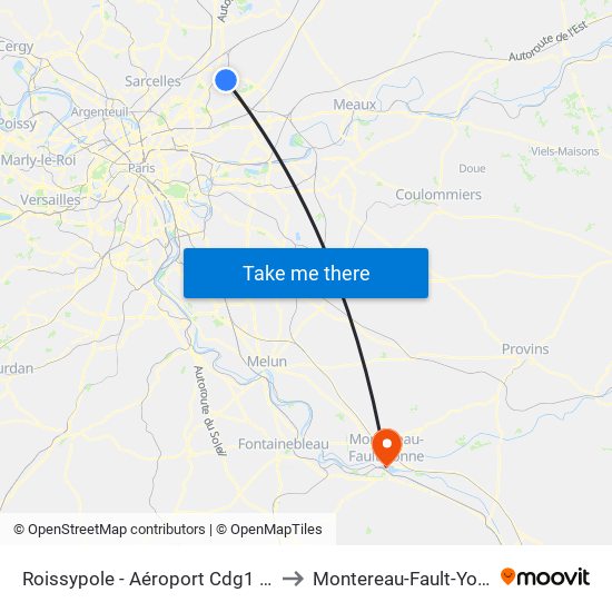 Roissypole - Aéroport Cdg1 (E2) to Montereau-Fault-Yonne map