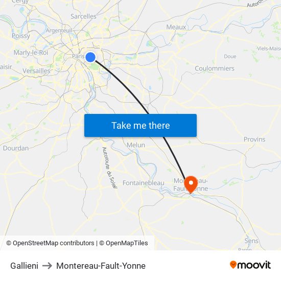 Gallieni to Montereau-Fault-Yonne map