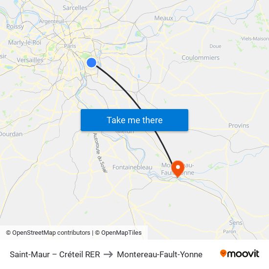 Saint-Maur – Créteil RER to Montereau-Fault-Yonne map