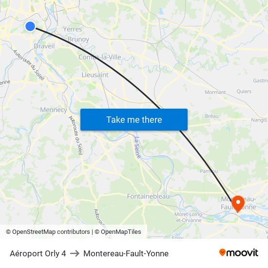 Aéroport Orly 4 to Montereau-Fault-Yonne map