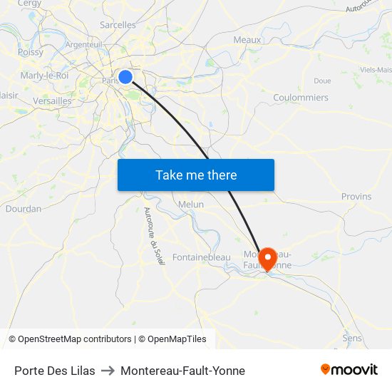 Porte Des Lilas to Montereau-Fault-Yonne map