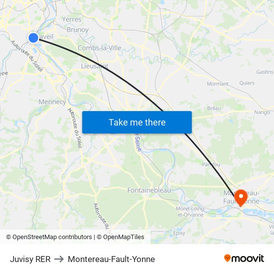 Juvisy RER to Montereau-Fault-Yonne map