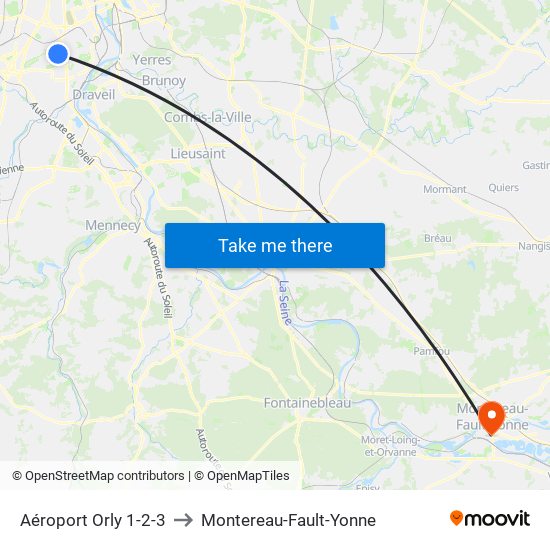 Aéroport Orly 1-2-3 to Montereau-Fault-Yonne map