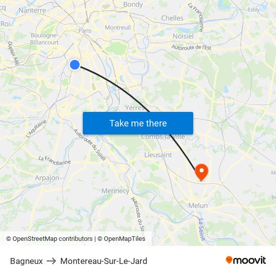 Bagneux to Montereau-Sur-Le-Jard map