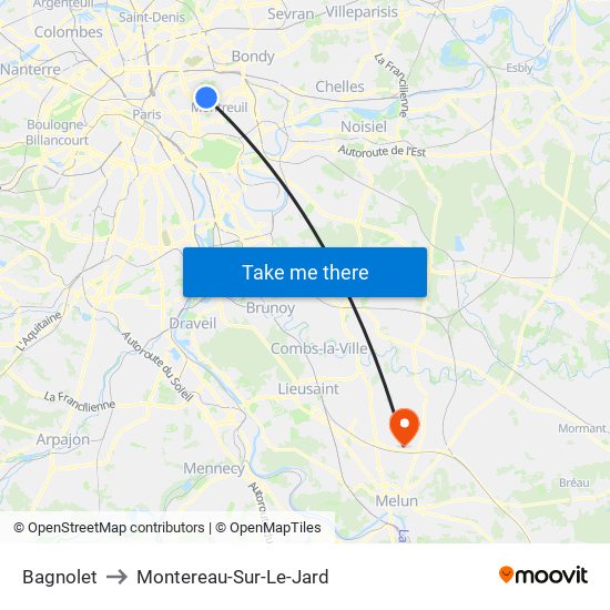 Bagnolet to Montereau-Sur-Le-Jard map