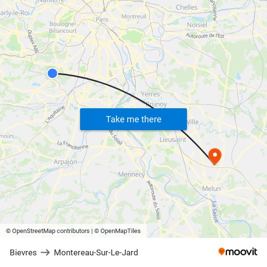 Bievres to Montereau-Sur-Le-Jard map