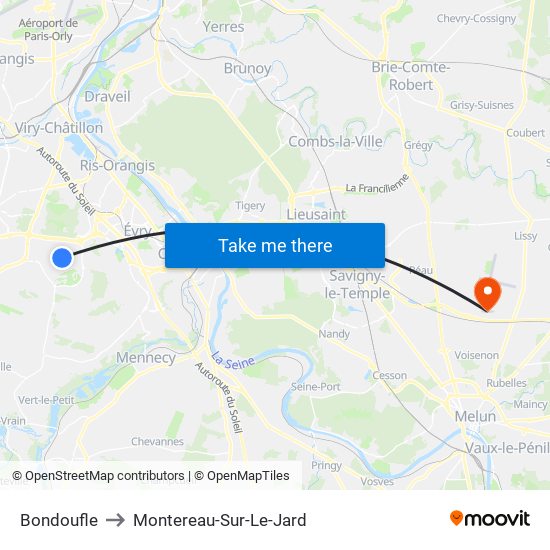 Bondoufle to Montereau-Sur-Le-Jard map