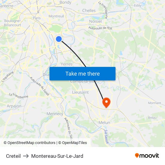 Creteil to Montereau-Sur-Le-Jard map