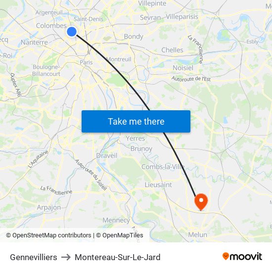 Gennevilliers to Montereau-Sur-Le-Jard map