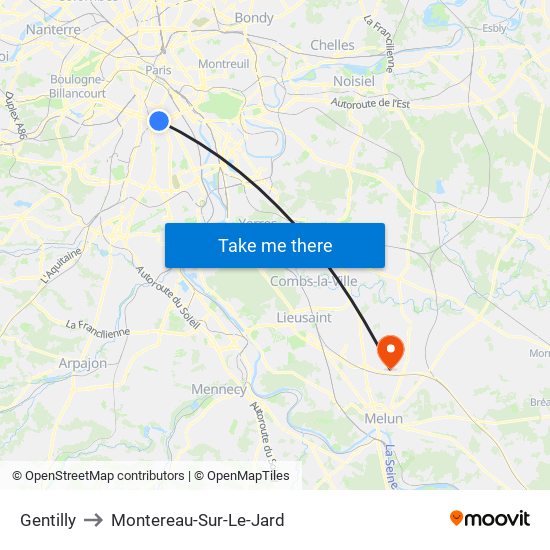 Gentilly to Montereau-Sur-Le-Jard map