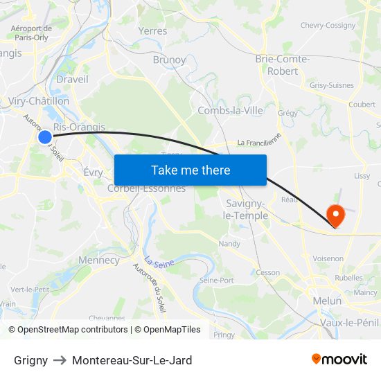 Grigny to Montereau-Sur-Le-Jard map