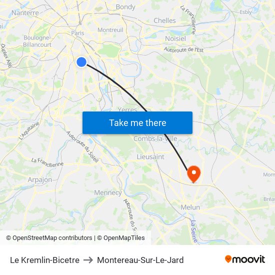 Le Kremlin-Bicetre to Montereau-Sur-Le-Jard map