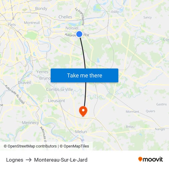 Lognes to Montereau-Sur-Le-Jard map