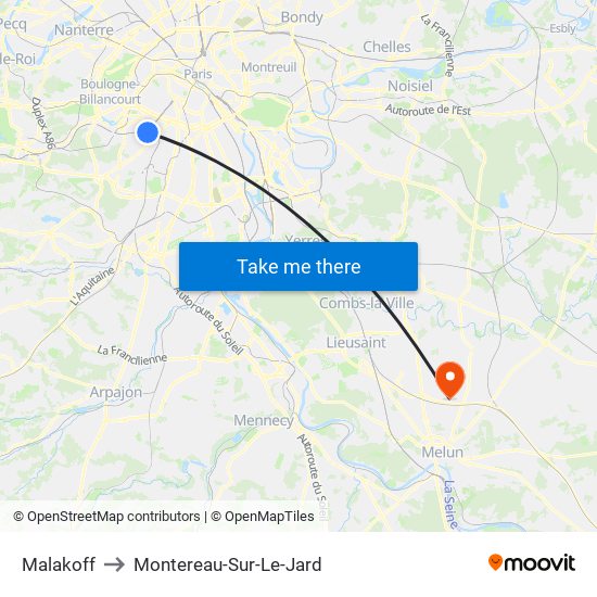 Malakoff to Montereau-Sur-Le-Jard map