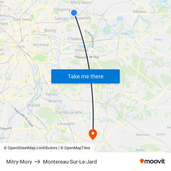 Mitry-Mory to Montereau-Sur-Le-Jard map